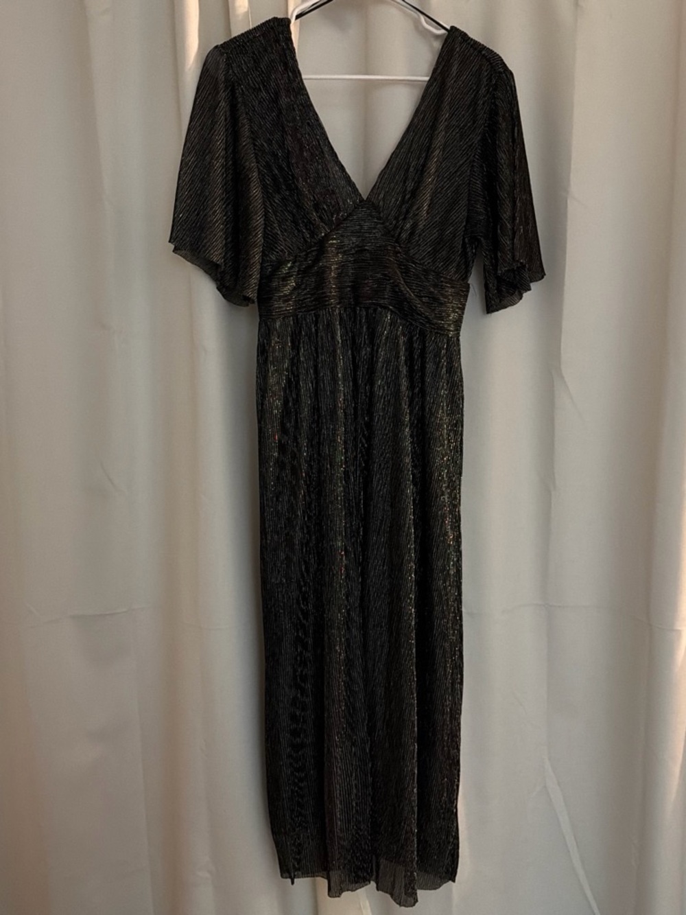 Metallic Black V-Neck Midi Dress with Flutter Sleeves